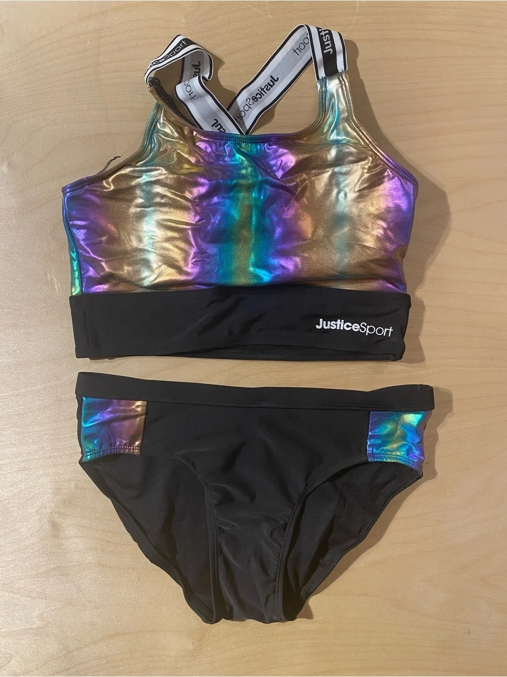 Justice Sport Iridescent Gold-Blue Two-Piece Athletic Swim Set XL (16/18) (RG)